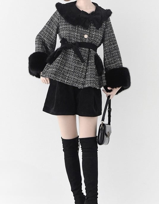 Fur Cropped Plush Black Tweed White Faux with Lolita Cuffs Coat
