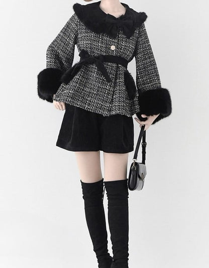 Fur Cropped Plush Black Tweed White Faux with Lolita Cuffs Coat