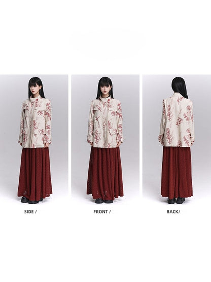 Rot Apricot Stickerei Trenchcoat Klappe Floral Leinen Taschen mit Vier