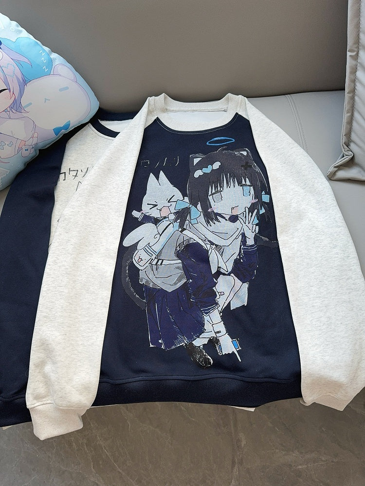 Sweatshirt Pattern Girl Navy Cartoon Design Colorblock with Blue Cotton