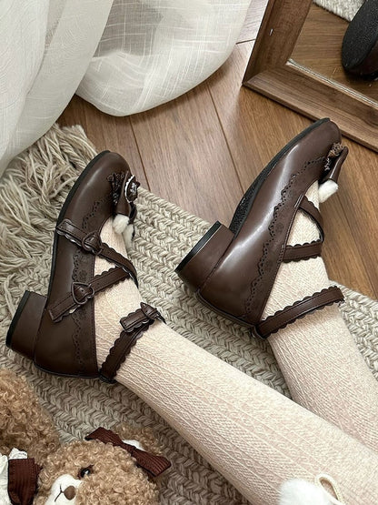 Bow Ear Snap Heels Plush Edge Lolita - Adjustable Heart Low Decor Sweet Scalloped Bear Brown with Top