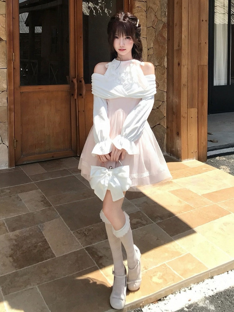 Seiso-kei Halter Off Shoulder Long Sleeve Mesh Dress in Pink and White with Ruffles and Bow Tie - LA LA JK