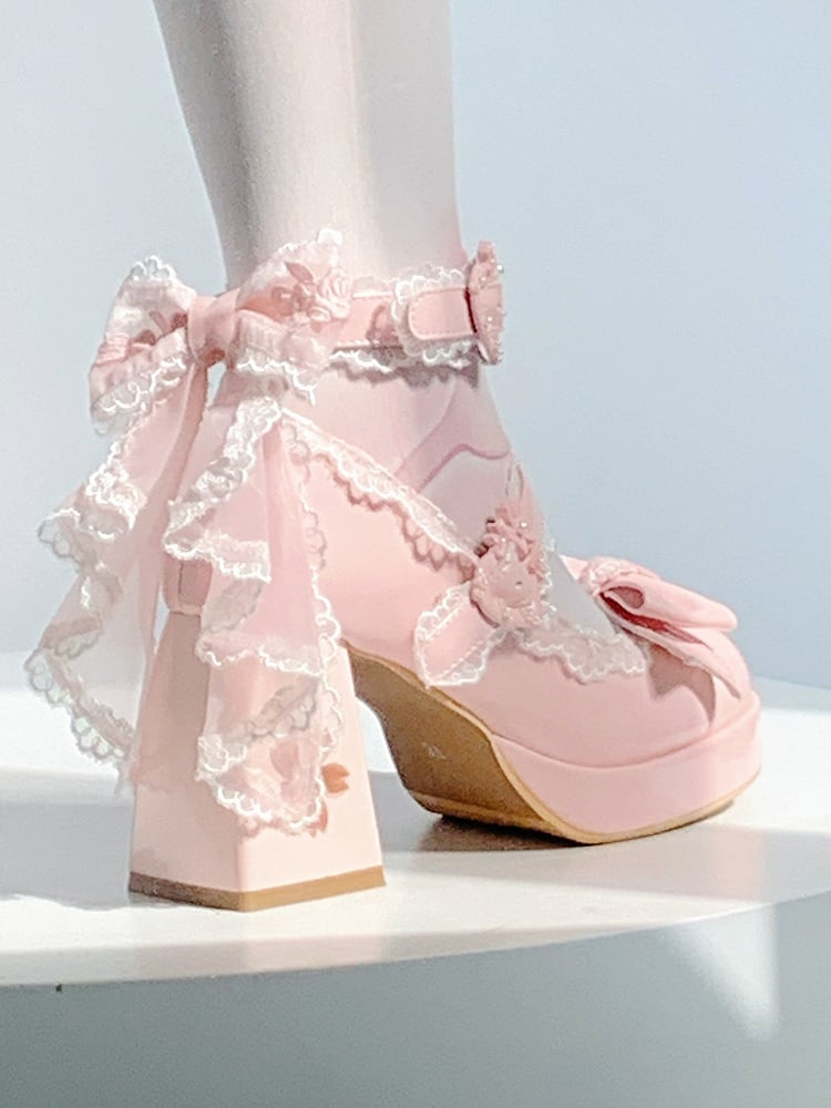 with - Heel Cherry Accents PU Heart Janes High Mary Lolita Platform Buckle Blossom Block Sweet Cutout Bow Pink