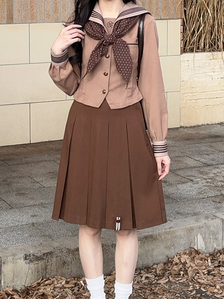 Floral Collar Sailor Embroidery JK Brown Uniform Blouse