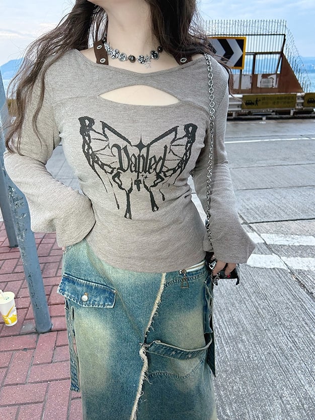 Plus Size Light Coffe Butterfly Print Cutout Detail Long-Sleeve Halter Top