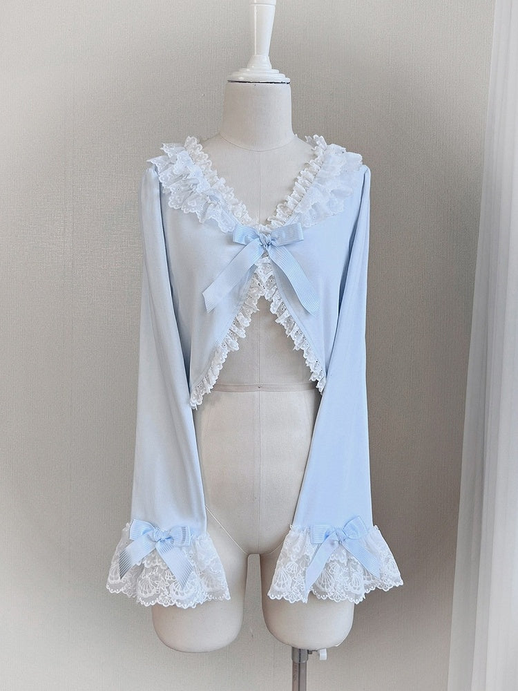 Blue Bow Cardigan with Lace Trim - Tan Tuan