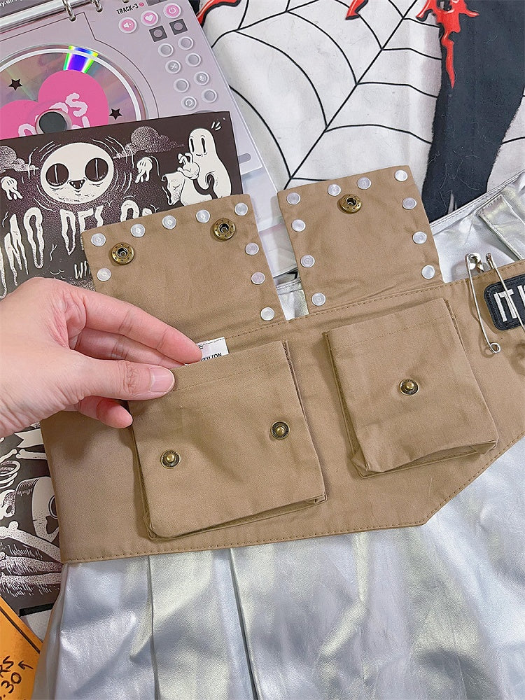 カーキ スケルトン アップリケ チェーン パンク ウエストバッグ