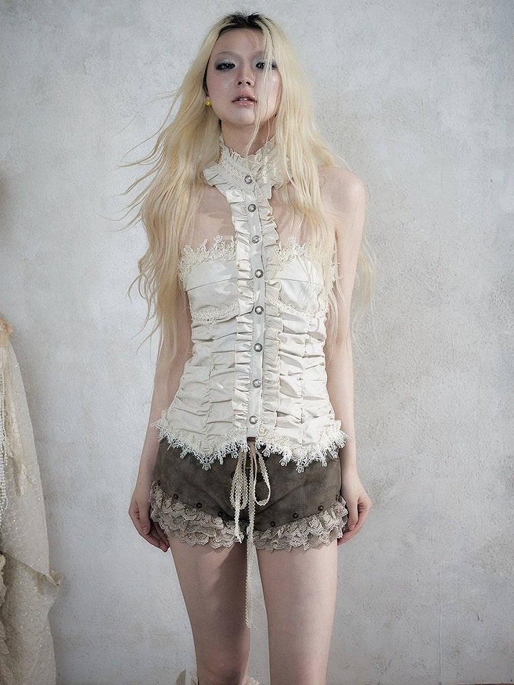 Khaki Faux Leather Shorts with Lace Trimmed Hems - NO ROMANCE