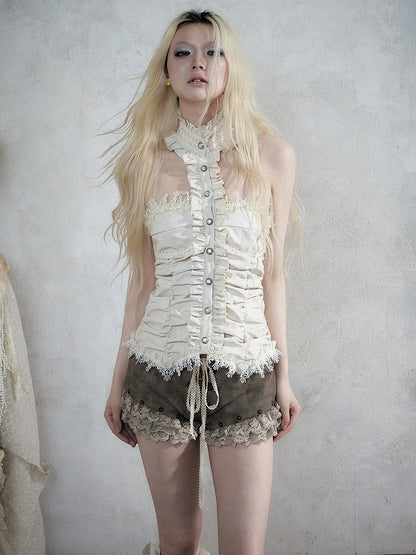 Khaki Faux Leather Shorts with Lace Trimmed Hems - NO ROMANCE