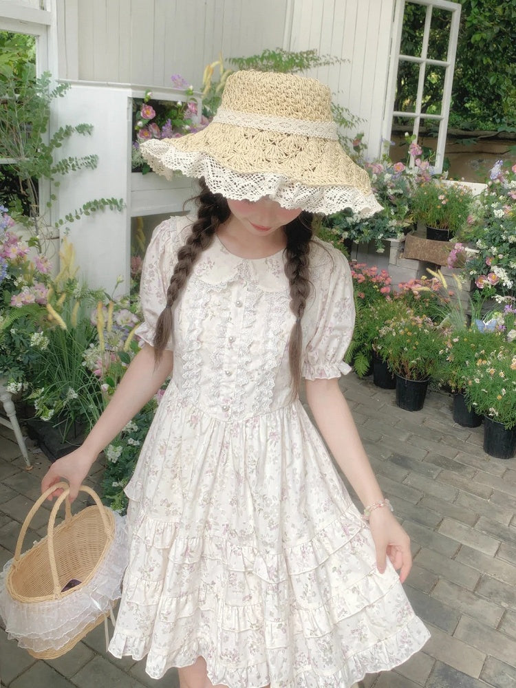 Bow Floral Dress White Peter Pan Collar Self-tie Waist Sweet