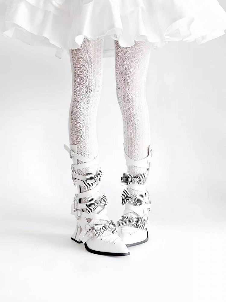 Detachable Striped Bow Gothic Pointed Toe Red Sole Boots with Cross Print - NRose
