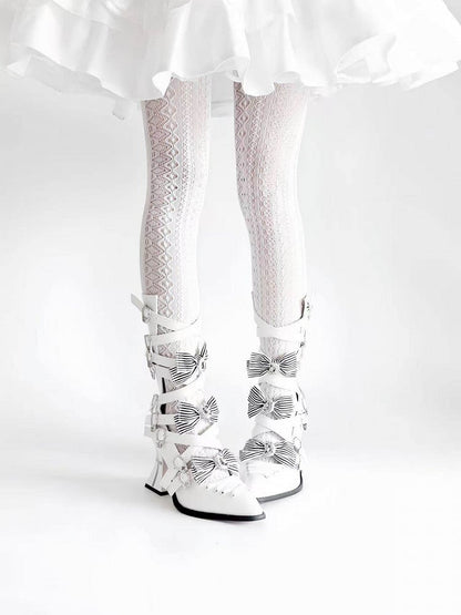 Detachable Striped Bow Gothic Pointed Toe Red Sole Boots with Cross Print - NRose