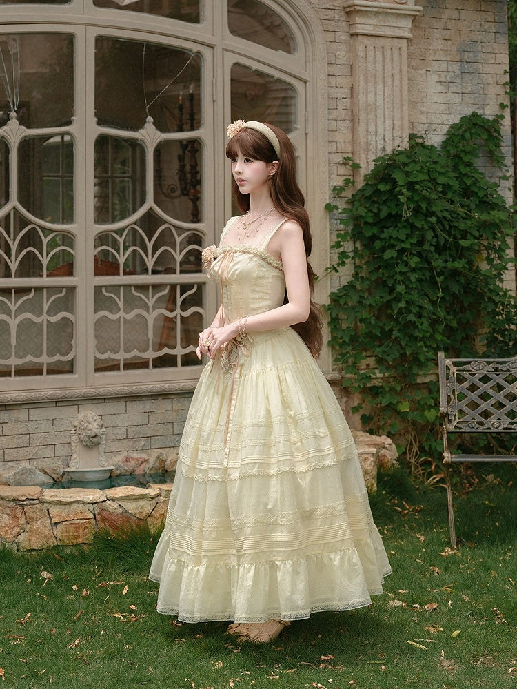 Yellow Sweet Button Top with Lace Skirt Set - Penny House