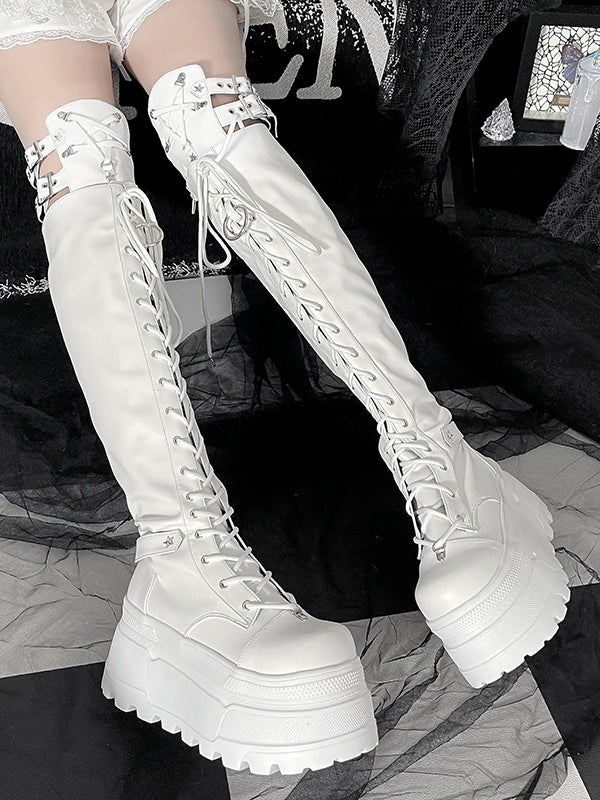 Boots Strap Matte White Y2K Thigh-high Platform Details Star Punk