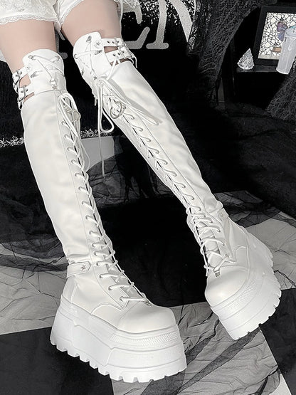 Boots Strap Matte White Y2K Thigh-high Platform Details Star Punk