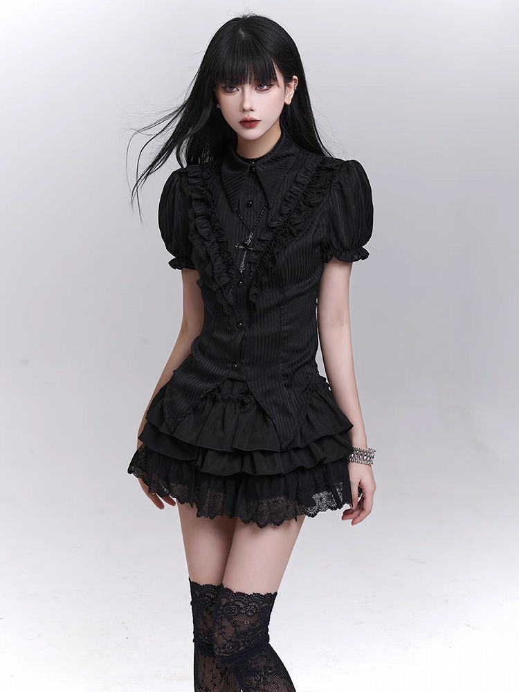 Pointed Flat Collar Curved Hem Gothic Puff Sleeves Blouse Pattern Black Striped