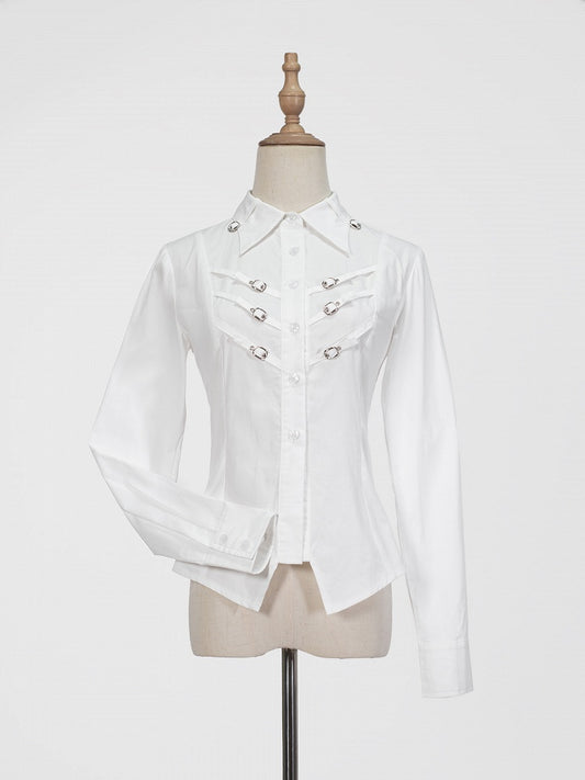 with Long Buckle Sleeves Shirt White Details Elegant