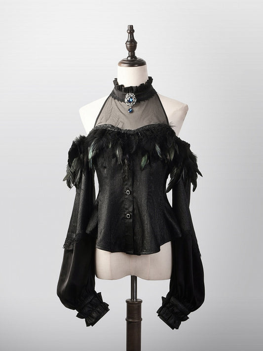 Black Open Shoulder Gothic Shirt with Illusion Halter Neck and Detachable Feather