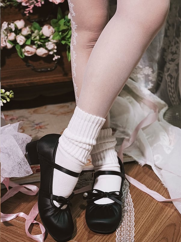 Low-heel Shoes Black Round Rhinestone - PU Buckle Bow Sweet Top Toe Knotted Heart at