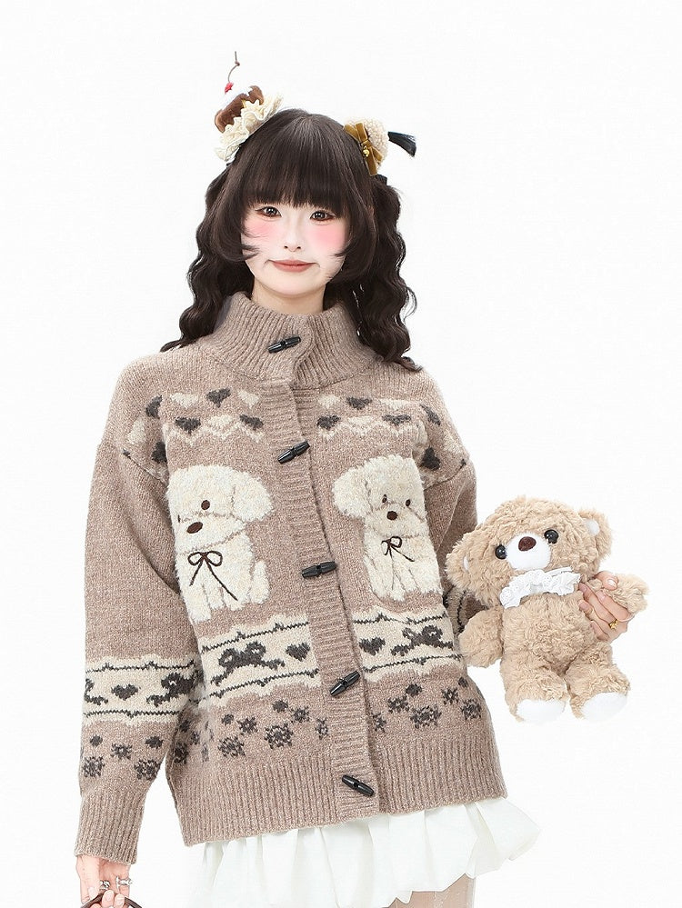 Brown/Grey with Toggle Pattern Buttons Daily Puppy Cardigan Coffee Kawaii
