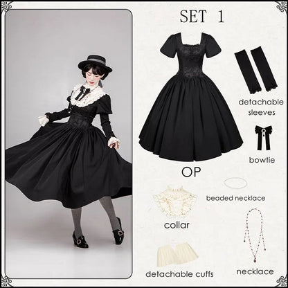 Black Long Version Boned Waist Square Neckline Dress Elegant Lolita Full Set