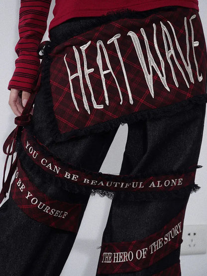 Plaid Black Cargo Pockets with Letters Jeans Embroidery Punk