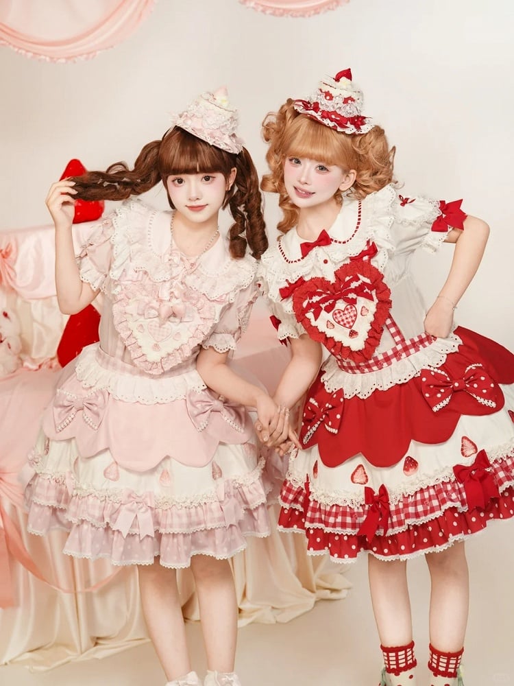 Lolita and Strawberry Red Overall Sweetheart Applique Dress Sweet Print Bows with