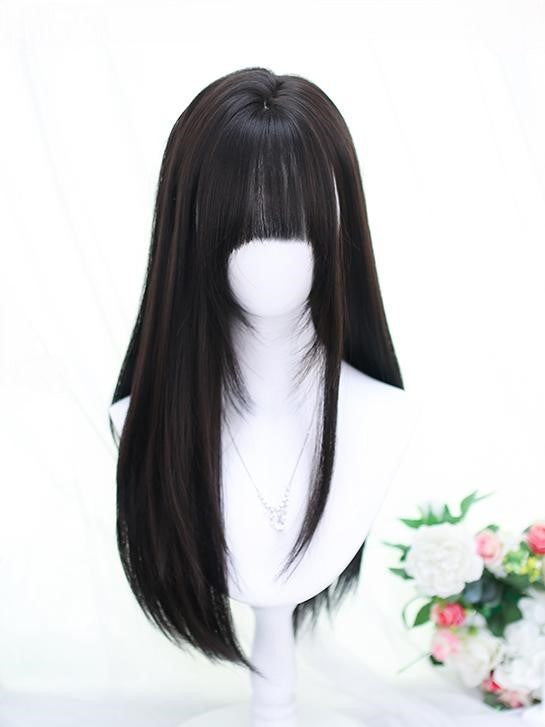 Bust Straight Full Wig Length Black/Brown Bangs Under