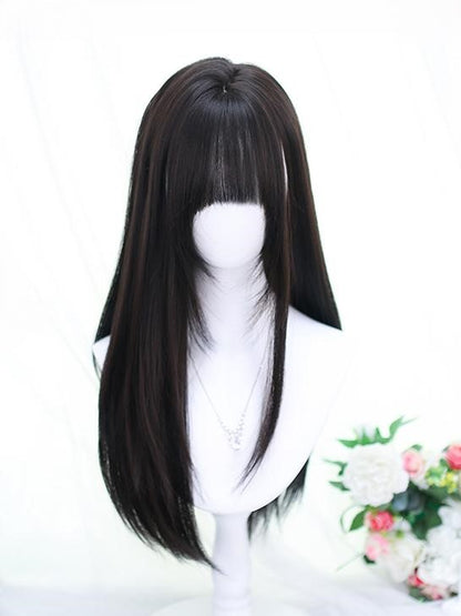 Bust Straight Full Wig Length Black/Brown Bangs Under