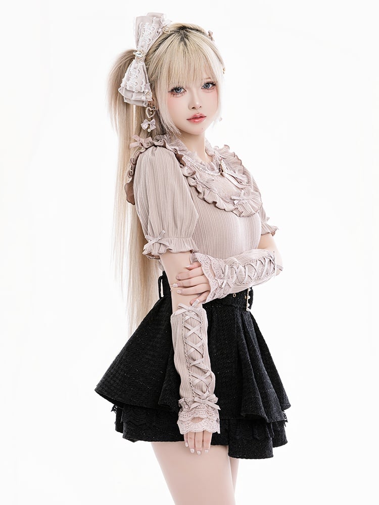 Jirai Kei Dusty Pink Blouse with Bowknot and Bead Decor, Illusion Neckline, Free Armwear - Fluffy Heart