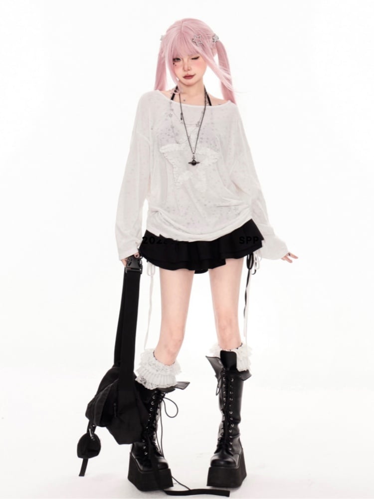 ホワイトのアシンメトリーネックライン、フリル付きスタードローストリングサイドカバーアップ