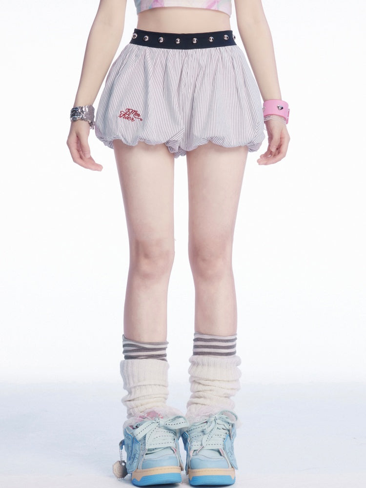 刺繍ミニバブルスカートパターンホワイトストライプ文字