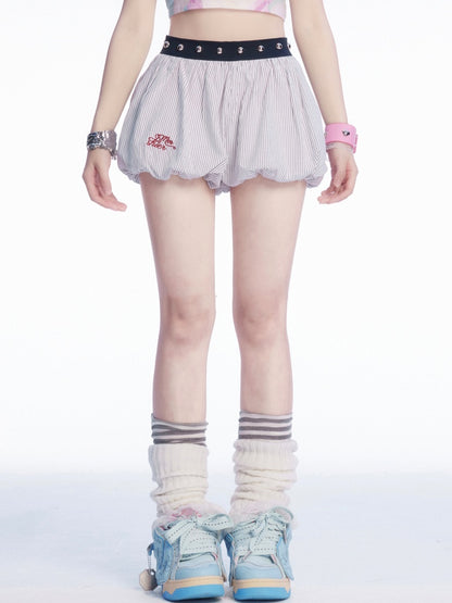 刺繍ミニバブルスカートパターンホワイトストライプ文字