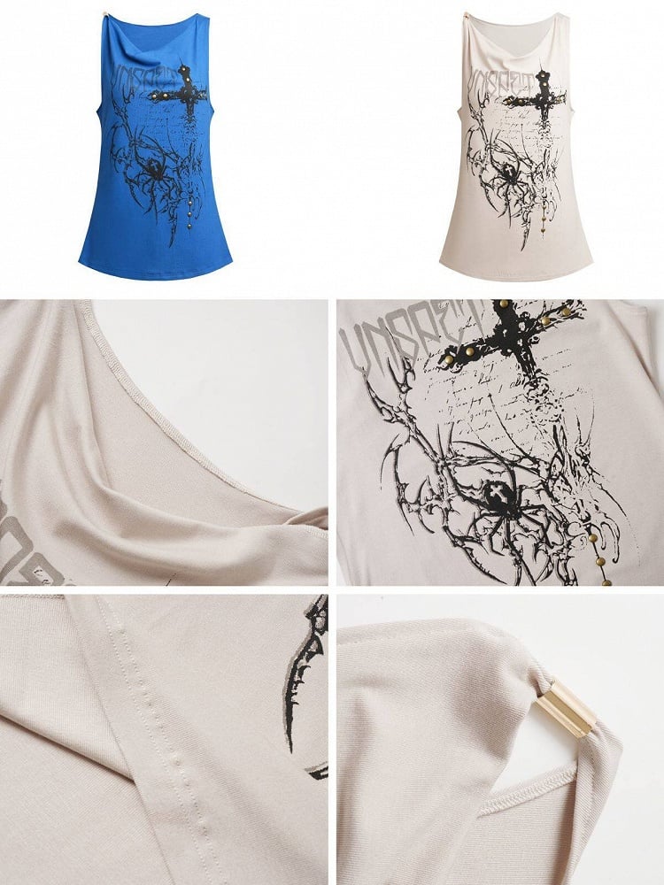 Y2K Klein Blue Tank with Spider & Thorn Print and Rivet Accents - CRAZY GIRL
