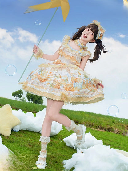 Yellow & Blue Polka Dot Fruit Print Lolita JSK Dress with Lace Details - Badoni B DOLLY Original Design