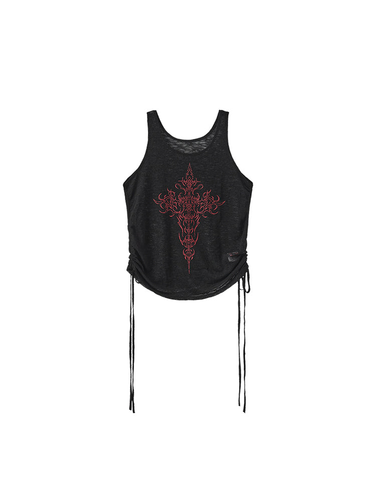 Tank Cross Black Print Red Adjustable with Drawstrings Top Semi-Sheer