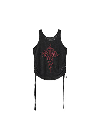Tank Cross Black Print Red Adjustable with Drawstrings Top Semi-Sheer
