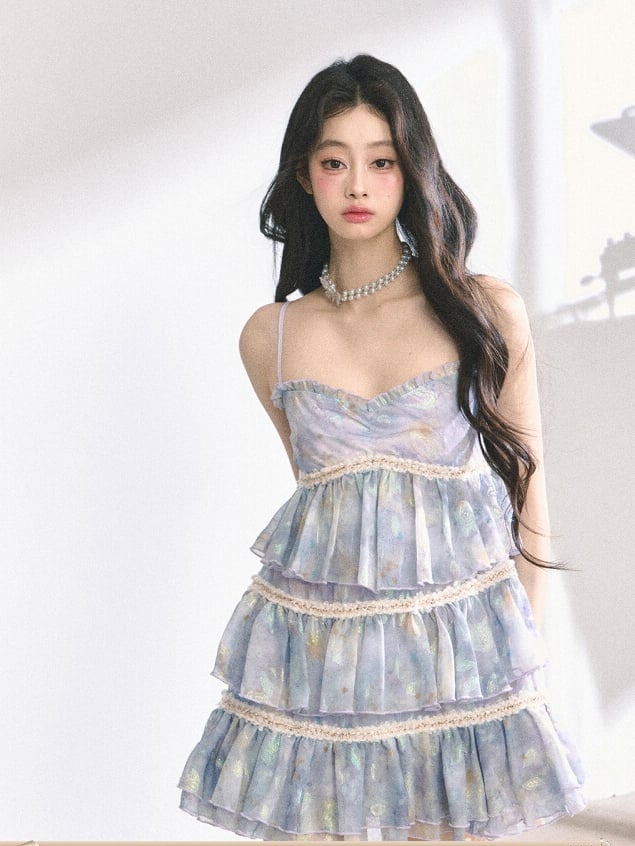 スリップドレス ティアードネックラインスカート ブルー スイートハート 油絵 花柄 ミニ