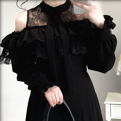 Dress Shoulder Kei with Jacquard Long-Sleeve Rose and Lace Cutout Ruffled Black Jirai Bow