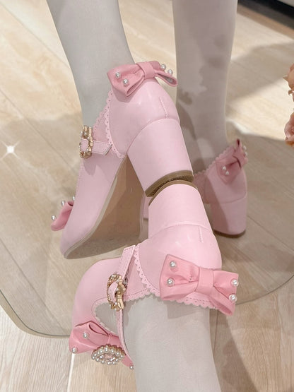 ジェーンズ ボウノット ラインストーン装飾 ラウンド メアリー ロリータ ディテール ビーズトゥ ピンク