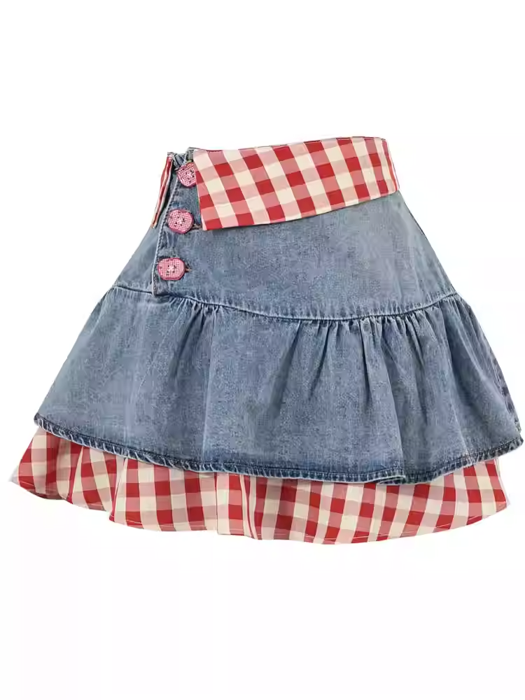 ツーピース ティアードデニムスカート レッドチェックヘム ブルーハイウエストフェイク