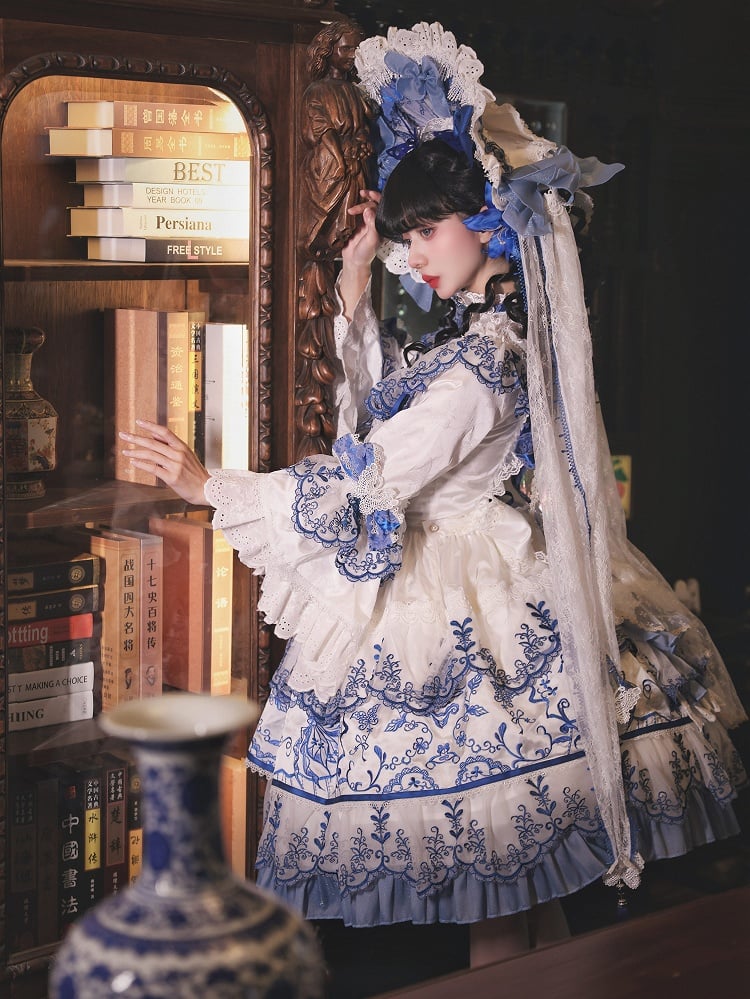 Blue Porcelain Butterfly Chinoiserie and Embroidery White Fabric