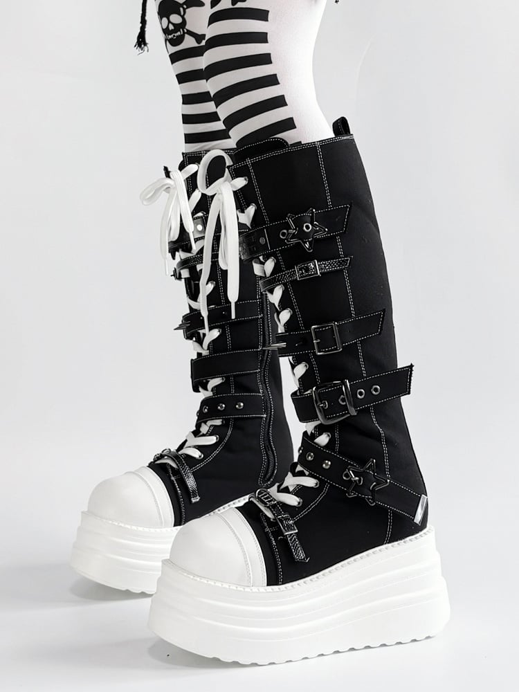 Y2K Canvas Punk Buckle - Black Platform Knee-Highs