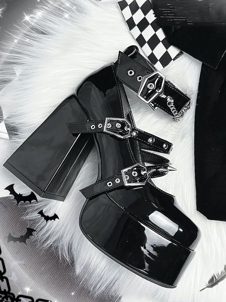 Studded Polished Coffin-Shaped Spider High Block - Black Accents Platform Details Heels Buckle Gothic with