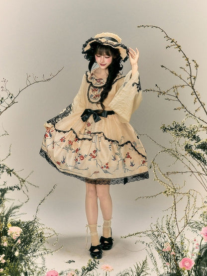 Beige Cheongsam Lolita Long Sleeve Embroidered Shirt - Yimu Walnut