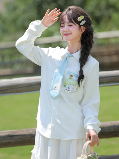 White Floral-Shaped Buttons Puppy Pattern Pocket Shirt with Tie