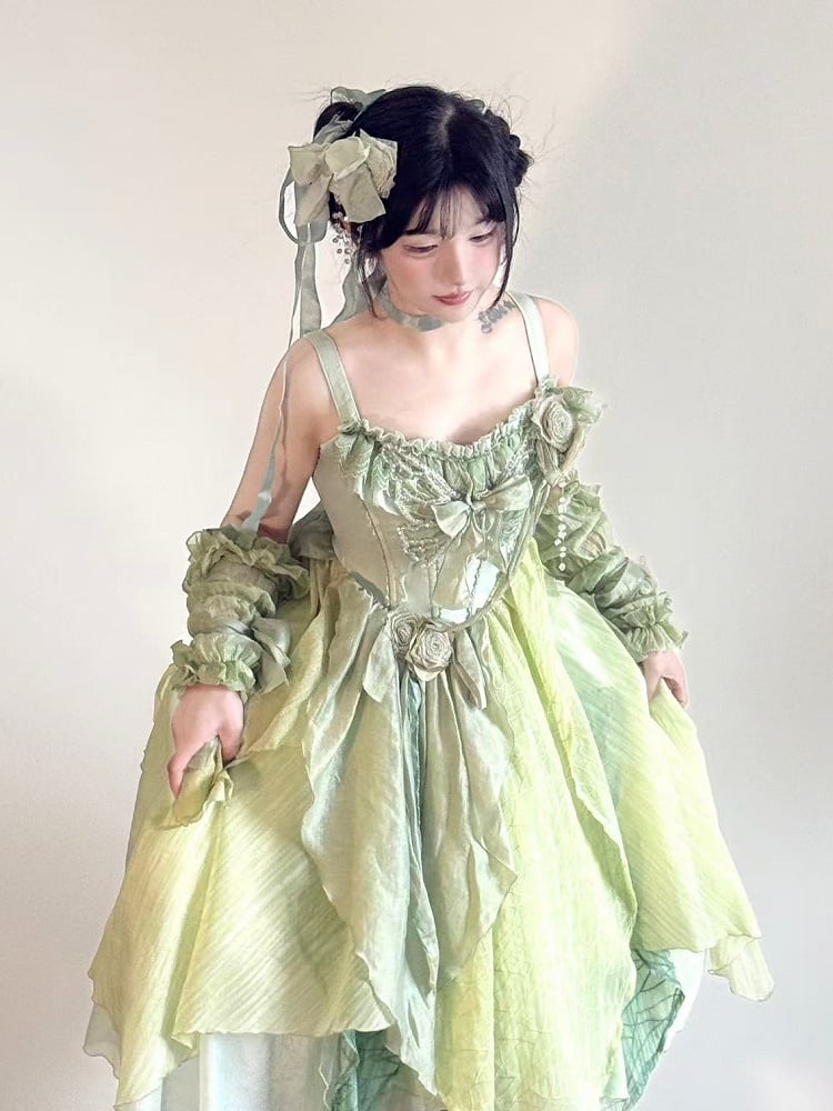 Green Butterfly Theme Lolita JSK with Asymmetrical Hem Sizes S-3XL - Sweet Wood Lolita