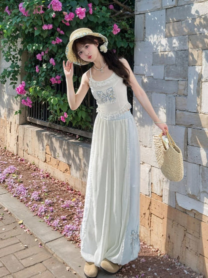 Version Cuffs Holiday Blue and White Colorblock Design Wide-Leg Pants Butterfly Embroidery Regular/Short