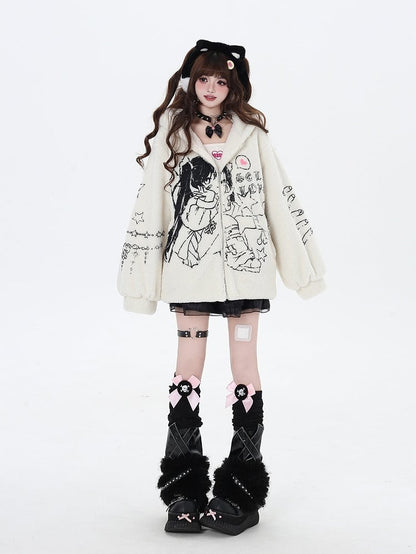 Beige Kitty Ear Design Thick Zip Hooded Jacket