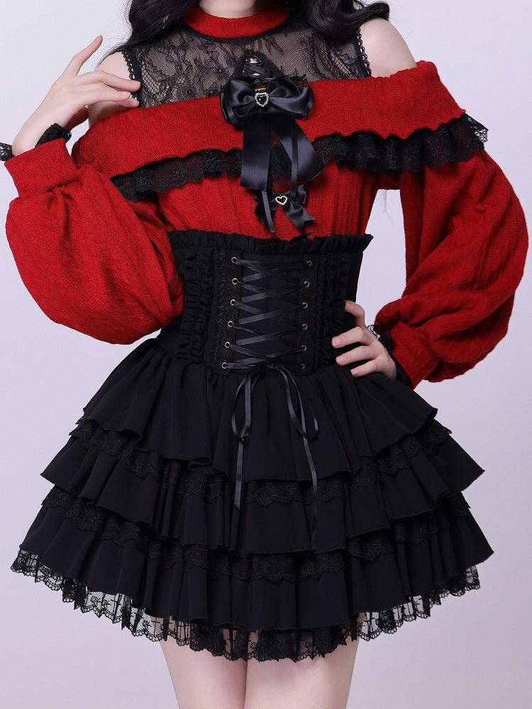 Adjustable Lace-Up Black Layered Skirt with High Waist - DevilInspired Exclusive Collection
